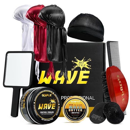 Wave Pomade for Men - Strong Hold, Easy Wash, Promotes Layered Waves, Moisture, Silky Shine, Hair Cream, Grease, Brush, Durag, Cap Set (Red)