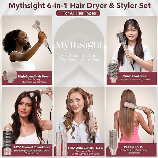 Dual Voltage StyleVibe 6-in-1 Air Styler, Hair Dryer & Blow Dryer Brush with Travel Case - Auto Wrap Curls (L/R), Fast Drying, Thermal Brush for Blowouts & Frizz-Free Volume, No Heat Damage