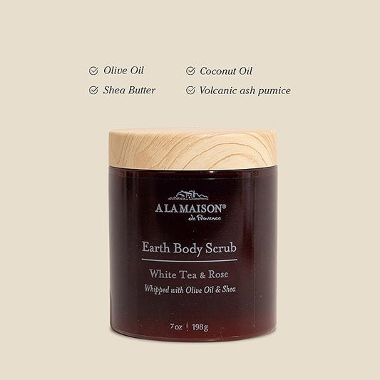 A LA MAISON Earth Body Scrub – White Tea & Rose – Natural Pumice Scrub with Shea Butter & Olive Oil – Gently Exfoliates & Softens Skin – French Formula – Plant-Based – 7 oz – Amber Collection