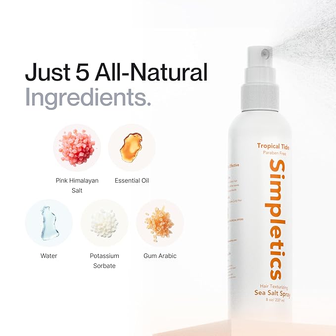 Simpletics Himalayan Sea Salt Hair Spray (Vanilla Scent) – Natural 5-Ingredient Formula for Beach Waves & Volume – Light Hold, Non-Greasy, Paraben & Sulfate Free – Unisex 8 fl oz