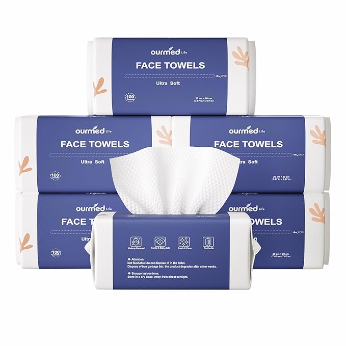 Ourmed Life Face Towels, Disposable Biodegradable Clean Facial Wash Cloth for Sensitive Skin, Lint- free Facial Towels for Cleansing, Skincare and Makeup Remover, Dry Wipes, 600 Count
