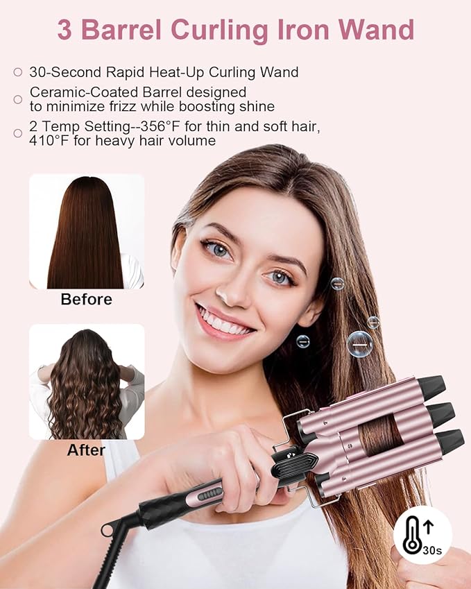 6 in 1 Wand Curling Iron, 3 Barrel Curling Iron Set with Thermal Brush (1.5") and 5 Interchangeable Ceramic Wand Curler (0.35"-1.25"), 2 Temp Heating Setting, Christmas Birthday Gifts for Women