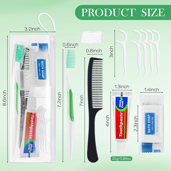 5 Set Personal Care Travel Toiletries Sets Bulk,7-in-1 Disposable Toothbrushes with Toothpaste and Floss,Comb,Soap,Cover,Zip Bag Toiletry Travel Toothbrush Kit for Homeless,Hotel,Charity