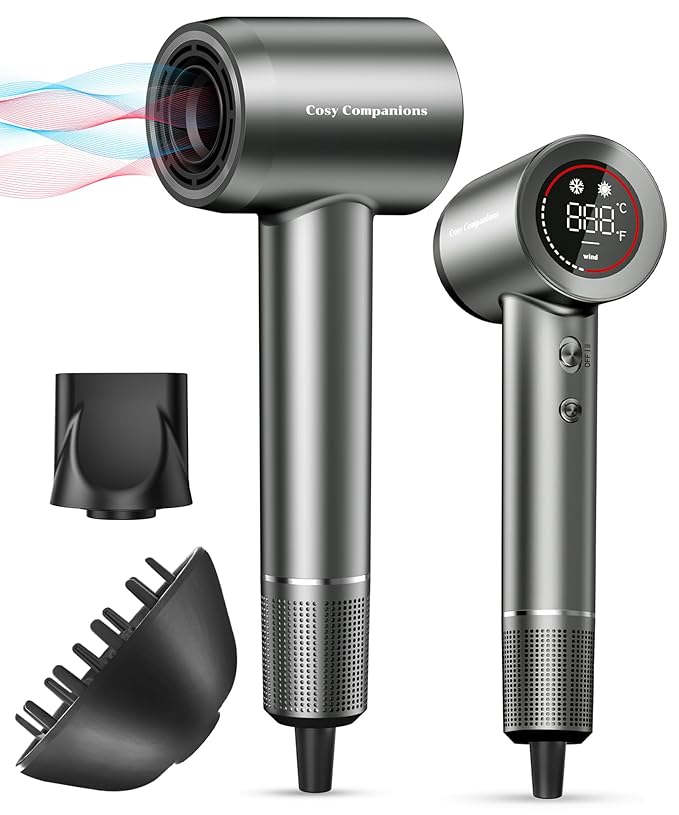 Cosy Companions Hair Dryer - Negative Ionic Blow Dryer with 150000 RPM High Speed Brushless Motor for Fast Drying, Low Noise, HD Display Hair Dryer with Diffuser and Nozzle, 5 Temps & 2 Speeds