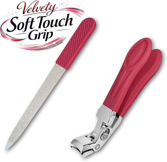 Professional Ruby Red Angled Nail Clippers for Seniors – 5'' Elegant Thick Toenail Clipper with Nail File, Ultra-Sharp Blades, Nail Catcher, Easy Grip & Safe Home Manicure & Pedicure Care Tool