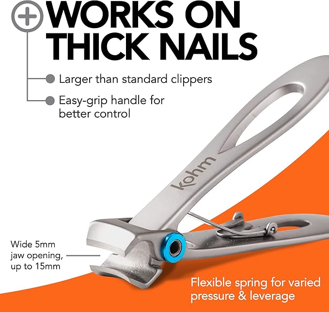 KOHM Nail Clippers for Thick Nails - Heavy Duty, Wide Mouth Professional Fingernail and Toenail Clippers for Men, Women & Seniors, Silver