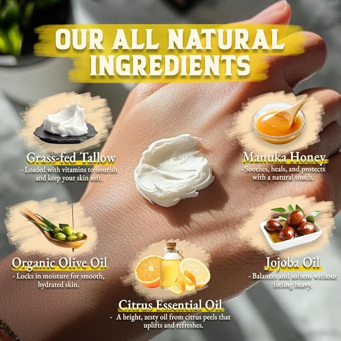Organic Beef Tallow for Skin - 4 OZ (Citrus) — Grass Fed Beef Tallow for face + Body — US-Made Whipped Tallow and Honey Balm Moisturizer for Dry and Sensitive Skin, Eczema, Rosacea (No Additives)