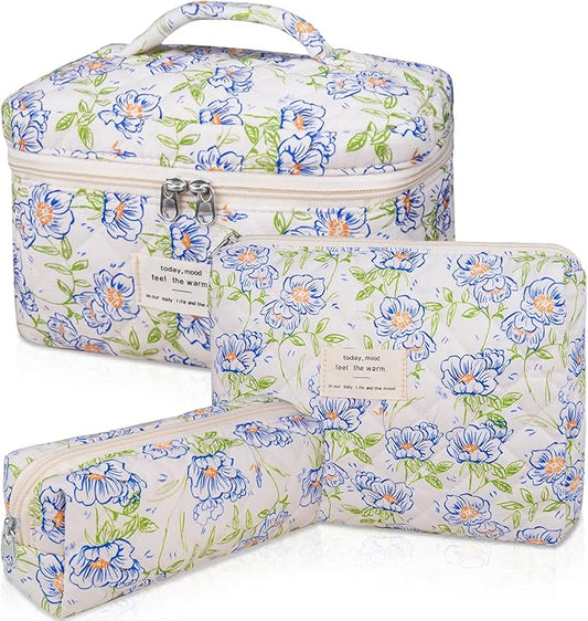 3PC Makeup Bag Set, Quilted Makeup Bag, Large Floral Cosmetic Bag for Women, Cute Cotton Makeup Bags, Flower Travel Toiletry Organizer Bag (light blue)