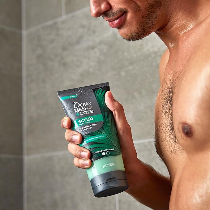 DOVE MEN + CARE Body and Face Scrub Costal Cedar Deeply Exfoliates for Hydrated & Nourished Skin 100% Gentle Cleanser, No Sulfate Cleansers or Parabens, 98% Biodegradable Formula 9 oz