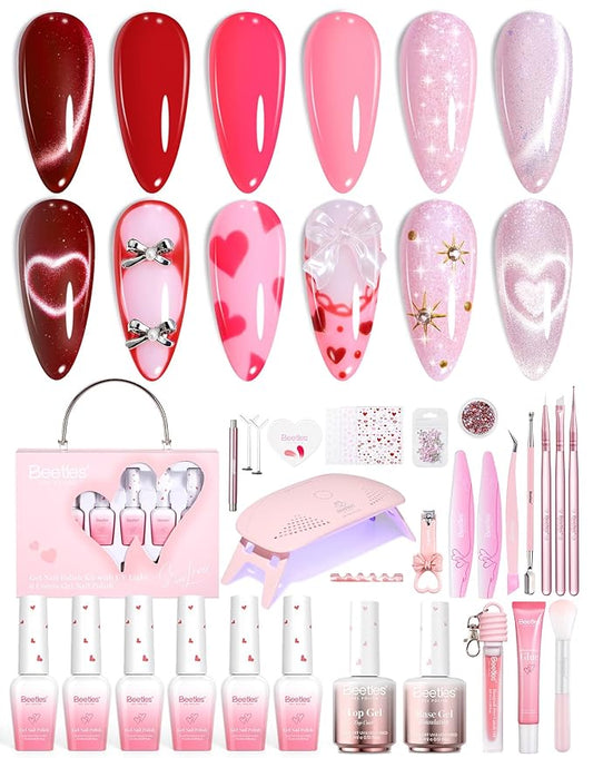 Beetles 30 Pcs Gel Nail Kit Valentine's Day Gel Nail Polish Kit with U V Light -6 Colors Red Cat Eye Pink Jelly Glitter Sweet Date Set with Heart Magnet Manicure DIY Salon Gifts for Women Teens Girls