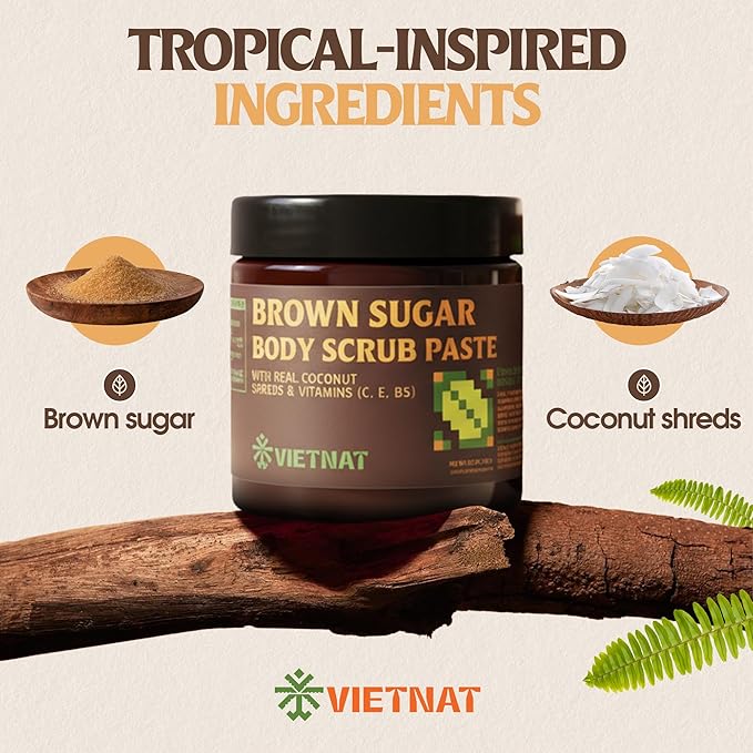 Exfoliating Brown Sugar Body Scrub with Coconut Shreds, Vitamins C, E & B5 – Softens & Refreshes Look of Skin – 8.8 oz