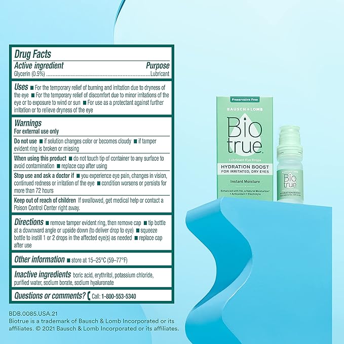 Biotrue Hydration Boost, Preservative-Free Eye Drops for Dry Eyes, Instantly Moisturizes, Rehydrates, Contact Lens Friendly, Refresh & Relieve Eye Irritation, 0.33 FL Oz (Pack of 2)