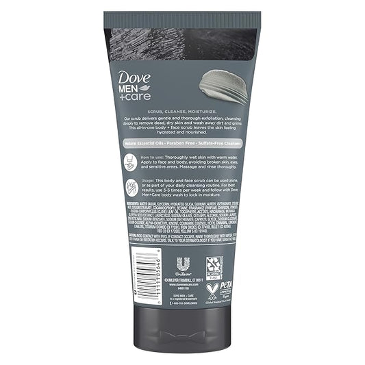 DOVE MEN + CARE Body and Face Scrub Charcoal & Clove Oil Deeply Exfoliates for Hydrated & Nourished Skin 100% Gentle Cleanser, No Sulfate Cleansers or Parabens 9 oz