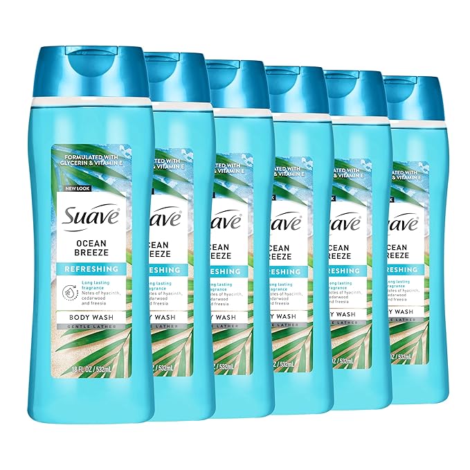 Suave Moisturizing Body Wash, with Ocean Breeze Scent and Vitamin E Extract, No Parabens, No Phtahaltes, 18 Oz Pack of 6
