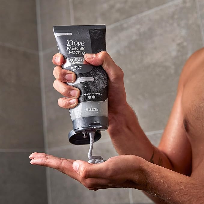 DOVE MEN + CARE Body and Face Scrub Charcoal & Clove Oil Deeply Exfoliates for Hydrated & Nourished Skin 100% Gentle Cleanser, No Sulfate Cleansers or Parabens 9 oz