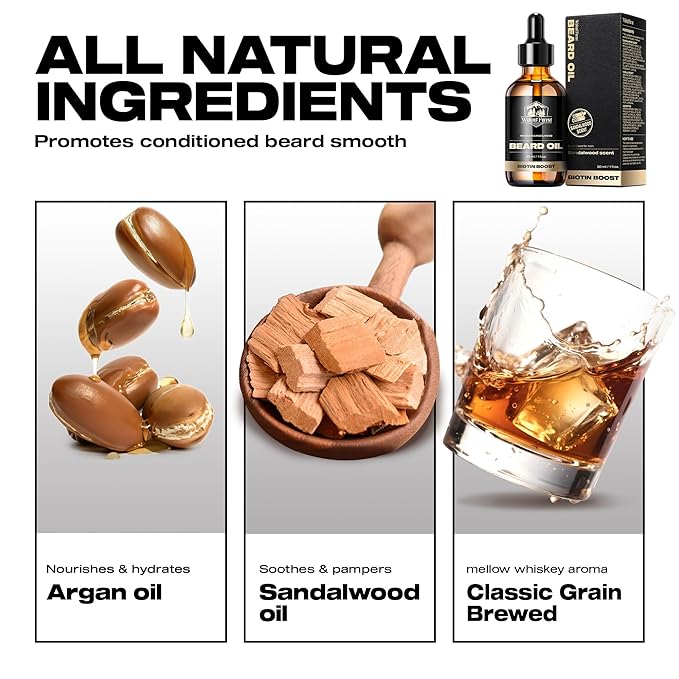 Waking Forest Sandalwood & Whiskey Beard Oil for Men - Biotin Mustache Oil with Vitamin E, Rosemary & Castor - Beard Care Softener, Strengthens, and Moisturizes - Beard Conditioner (1 oz)