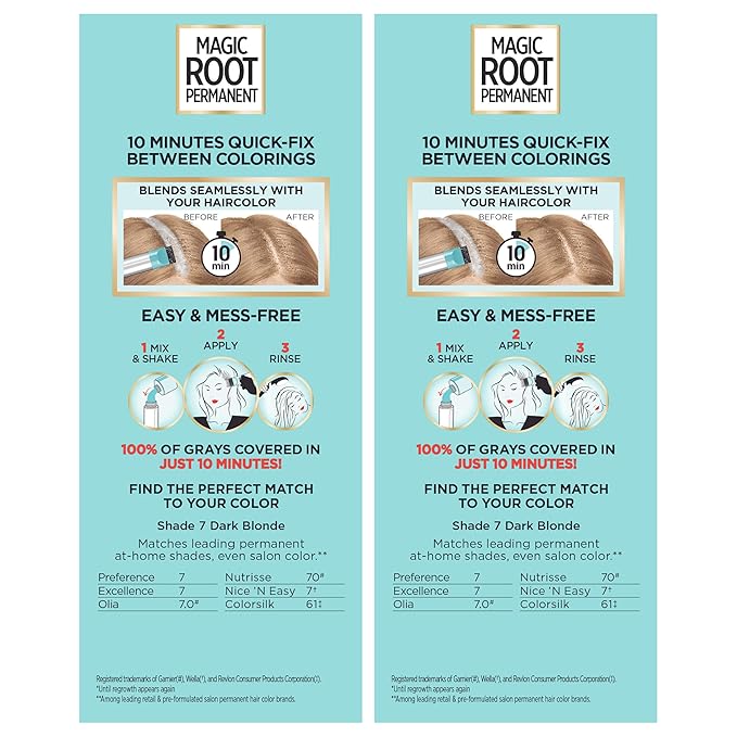 L’Oréal Paris Magic Root Permanent Hair Color, 10 Minute Hair Dye Kit to Rescue Roots with 100% Gray Hair Coverage, 7 Dark Blonde, 2 Pack (Packaging May Vary)