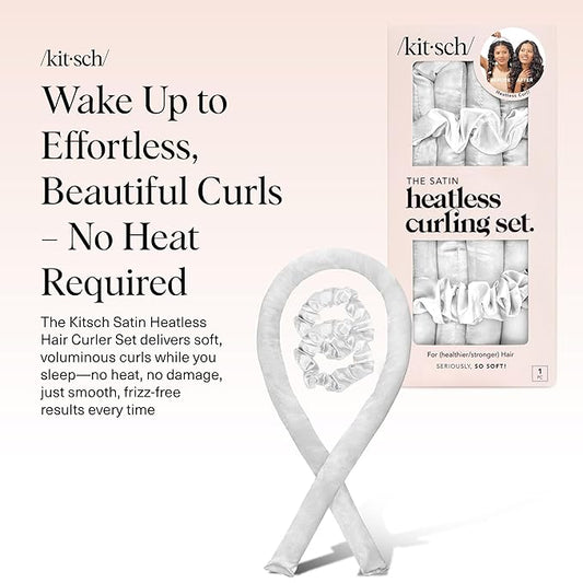 Kitsch Satin Heatless Curling Set – Heatless Curls Overnight with 34" Hair Curler & 2 Satin Scrunchies – Comfortable Hair Curlers to Sleep In for Frizz-Free, No Heat Damage Styling - Ivory