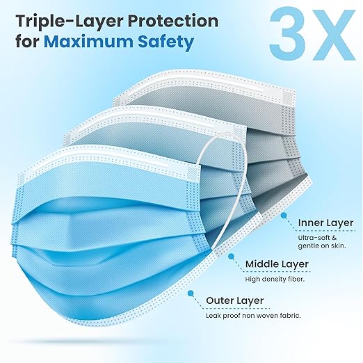 PURE GEM [Pack of 150] Single Use Disposable Blue Face Mask, Soft on Skin, 3-ply Masks Facial Cover with Elastic Earloops Great For Home, Office, School, and Outdoors