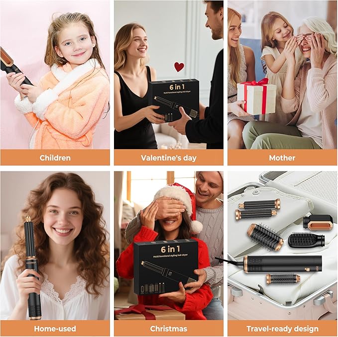 6 in 1 Blow Dryer Brush Set,Hot Air Styler Negative Ion Air Curling Wrap Air Curler, Round Brush Blow Dryer Curling Iron Hair Styling Tools Gift for Dry,Volumize, Straight,Curl,100-120V