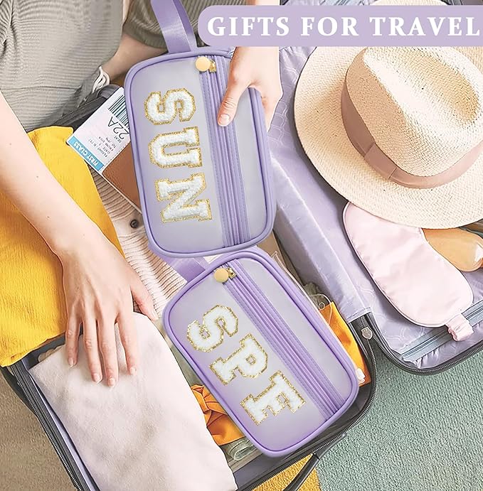 COSHAYSOO Clear Sunscreen Bag Makeup Toiletries Pouch Beach Vacation Essentials Summer Travel Stuff Accessories Personalized Graduation Gifts for Her Women College Teen Girls Teacher Nurse Purple SUN