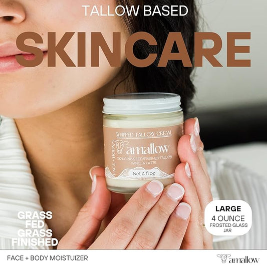 Amallow 100% Grass Fed Beef Tallow for Skin Care - Face + Body - Whipped Moisturizer - Natural Lotion, 4 FL. oz. (Vanilla Latte)