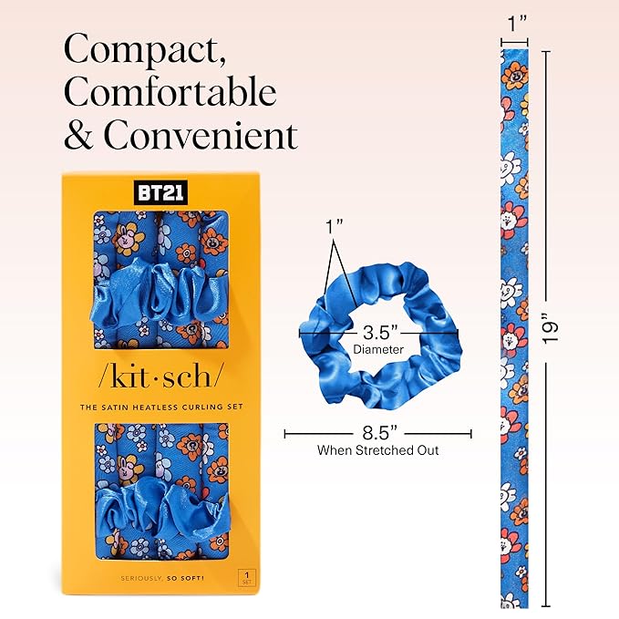 BT21 x Kitsch Satin Heatless Hair Curler Set - Heatless Curls Overnight, Hair Rollers for Soft Curls & Frizz-Free Styling, No Heat Curlers To Sleep in, Curling Rod Headband for Overnight Curl - BT21