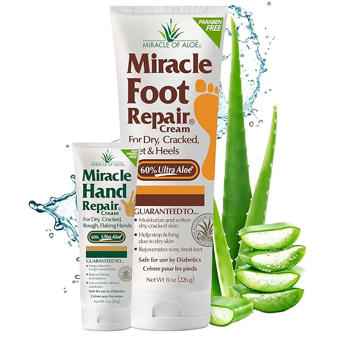 Miracle Foot Repair Cream, 8 oz + 1 oz Miracle Hand Repair, Healing Aloe Vera Lotions for Dry, Cracked Hands and Feet (8 oz Foot Cream + 1 oz Hand Cream)
