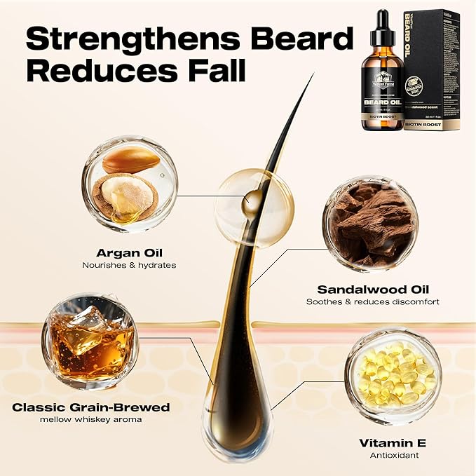 Waking Forest Sandalwood & Whiskey Beard Oil for Men - Biotin Mustache Oil with Vitamin E, Rosemary & Castor - Beard Care Softener, Strengthens, and Moisturizes - Beard Conditioner (1 oz)