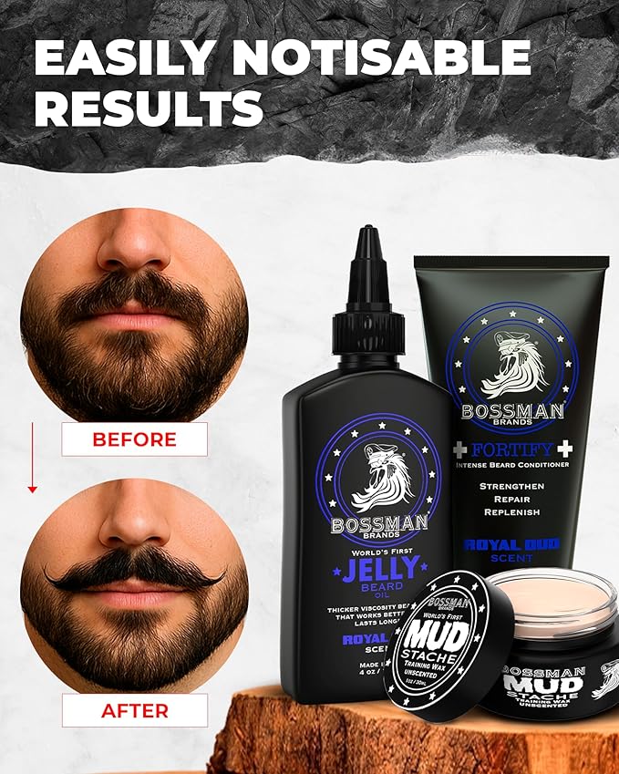 Bossman Complete Beard Kit – Men's Beard Oil Jelly, Fortifying Shower Conditioner, Balm, Mustache Wax & Comb – Beard Softener & Grooming Care – Men Gift Set (Magic Scent)