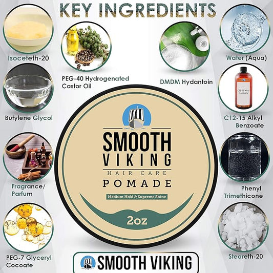 Smooth Viking Medium Hold & High Shine Pomade - Water Based Hair Cream for Curly, Thick & Straight Hair - Men's Hair Product - Made in USA, 2oz