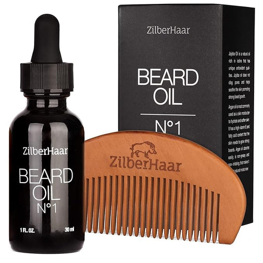 ZilberHaar Beard Oil №1 - Pure, Organic Moroccan Argan and Jojoba Oil for Natural Beard Growth and Hydration - 1 oz - Free Beard Comb Gift