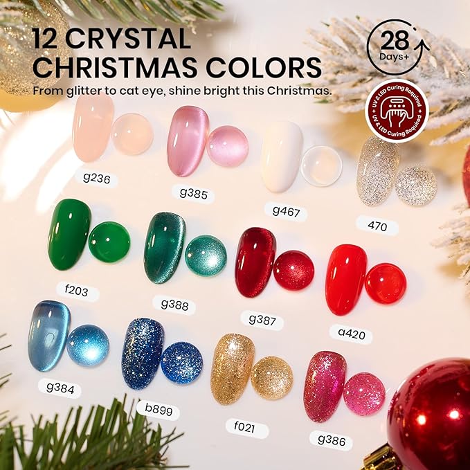 Beetles 67Pcs Gel Nail Polish Kit with U V Light Crystal Christmas Gifts for Women Teen Girls - 12 Colors Gel Nail Kit Cat Eye Red Glitter & Nails Stand Acrylic Holder Display Nails Stuff Manicure Set