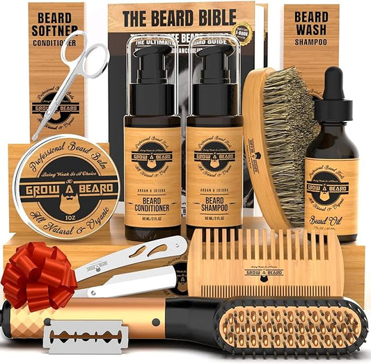 Beard Straightener Grooming Kit for Men, Beard Growth Kit, Wash, Brush & Comb, Unscented Growth Oil, All Natural Sandalwood Balm, Conditioner, Razor & Scissors, Great Gift Idea for Men's (Bamboo)