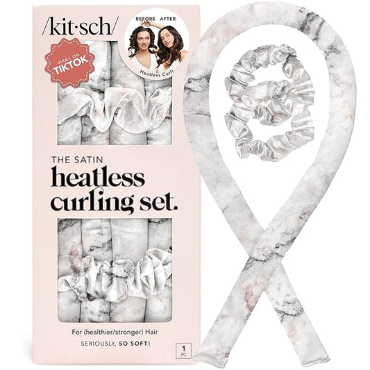 Kitsch Satin Heatless Curling Set – Heatless Curls Overnight with 34" Hair Curler & 2 Satin Scrunchies – Comfortable Hair Curlers to Sleep In for Frizz-Free, No Heat Damage Styling - Marble