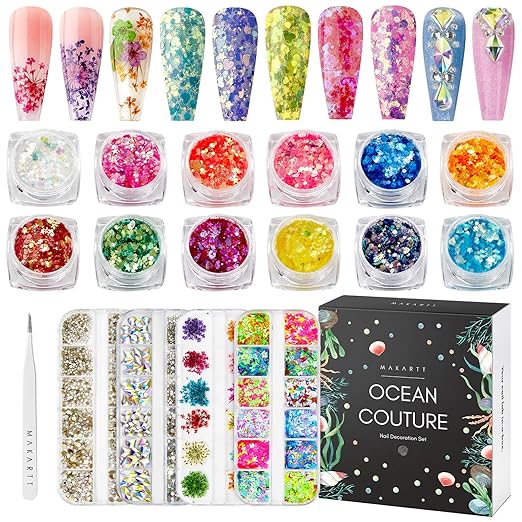 Makartt Nail Decoration Set, 4 Boxes Glitter Sequins & Rhinestones for Spring, Summer, Nail Art, DIY Nail Decoration Accessories Kit