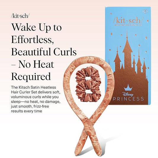 Disney & Kitsch Satin Heatless Hair Curler Set - Heatless Curls Overnight with Hair Curler & 2 Satin Scrunchies - Hair Curlers to Sleep in for Overnight Curls - Overnight Blowout Rods - Princess Party