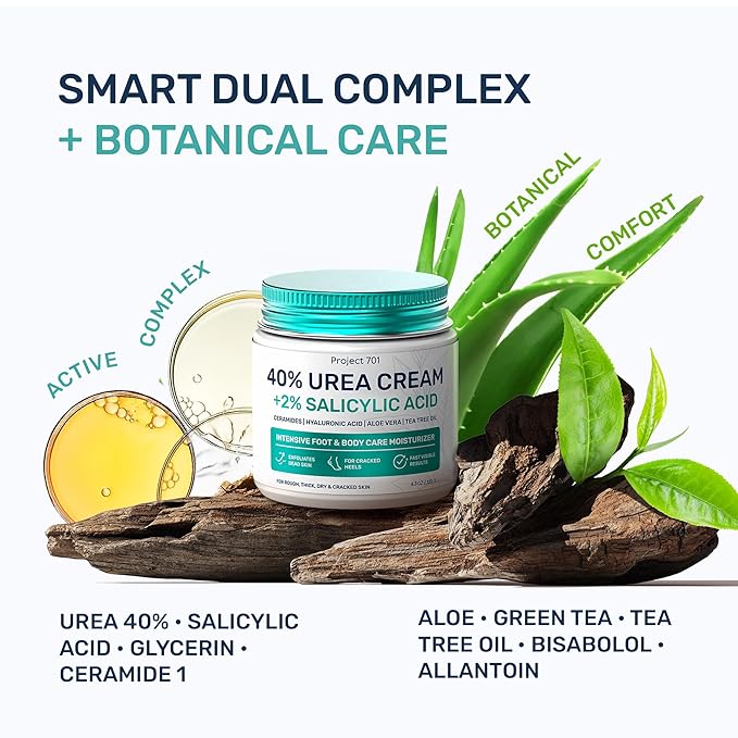 Urea Cream 40% & Salicylic Acid – Intensive Callus Remover for Feet – Maximum Strength Exfoliating Lotion with Ceramides, Peptides & Tea Tree – Repair Dry Cracked Heels & Corns – 4.3 oz