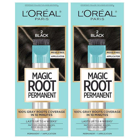 L’Oréal Paris Magic Root Permanent Hair Color, 10 Minute Hair Dye Kit to Rescue Roots with 100% Gray Hair Coverage, 2 Black, 2 Pack (Packaging May Vary)