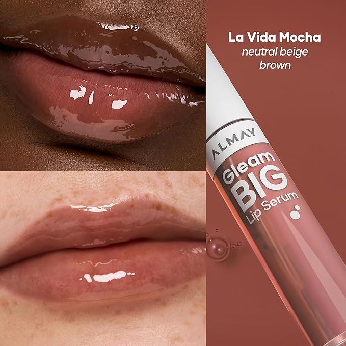 Almay Gleam Big Lip Serum, Hydrating and Moisturizing, Hypoallergenic Lip Gloss, Non-Sticky, 700 La Vida Mocha, 0.13 fl oz