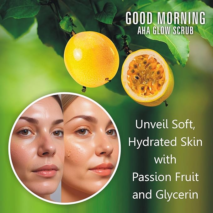 First Botany Body Scrub - Natural Exfoliating Salt Scrub & Body and Face Souffle helps with Moisturizing Skin, Acne, Cellulite, Dead Skin Scars, Wrinkles (10 fl oz, AHA Passion Fruit)