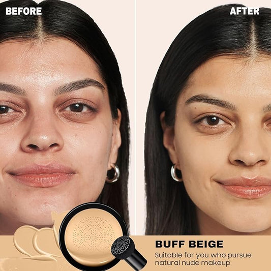 Mushroom Head Air Cushion CC Cream - BB Cream Long-Lasting Color Changing Foundation, Full Coverage Concealer for Older Women, Moisturizing & Brightening Foundation for Mature Skin Makeup (Buff Beige)