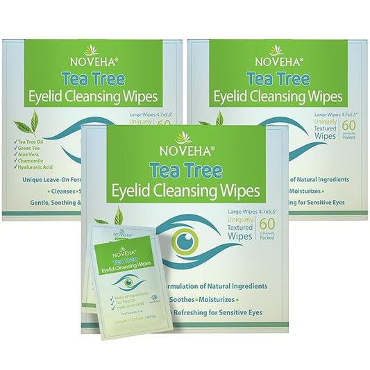 NOVEHA 180PCs Tea Tree Oil Eyelid & Lash Wipes With Hyaluronic Acid, Green Tea & Chamomile For Blepharitis & Itchy Eyes, Individually Wrapped Eyelash Wipes Natural Makeup Remover & Daily Cleanser