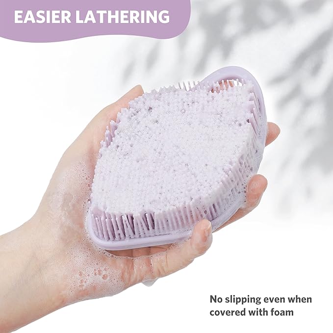 Sndyi Silicone Body Scrubber, Gentle Exfoliating Body Scrubber for Sensitive Skin, Leaf Shaped Shower Scrubber for Body with Lathering Bristles, Silicone Loofah Body Brush for Showering, Purple