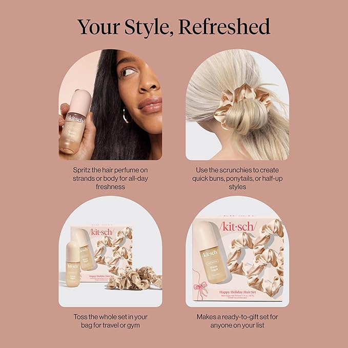 Kitsch Satin Scrunchies and Hair Perfume for Women Holiday Set – Warm Sugar Scent with Patented Odor-Eliminating Technology Hair Spray | Neutral Softer Than Silk Scrunchies | Ideal Gifts for Women
