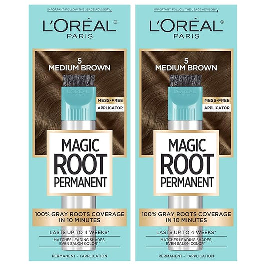 L’Oréal Paris Magic Root Permanent Hair Color, 10 Minute Hair Dye Kit to Rescue Roots with 100% Gray Hair Coverage, 5 Medium Brown, 2 Pack (Packaging May Vary)