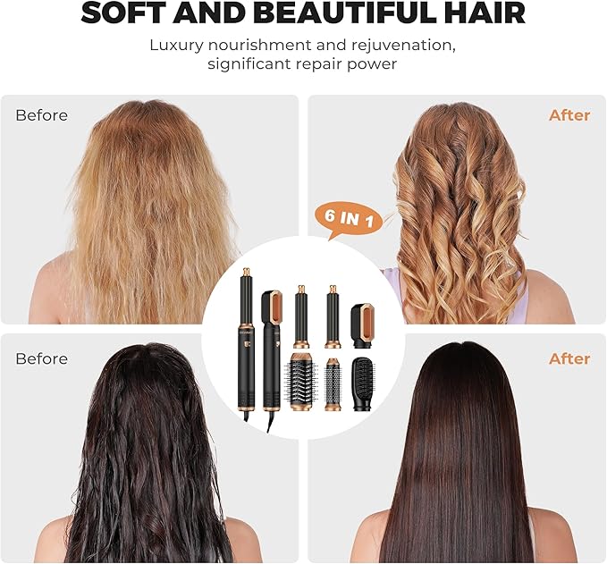 6 in 1 Blow Dryer Brush Set,Hot Air Styler Negative Ion Air Curling Wrap Air Curler, Round Brush Blow Dryer Curling Iron Hair Styling Tools Gift for Dry,Volumize, Straight,Curl,100-120V