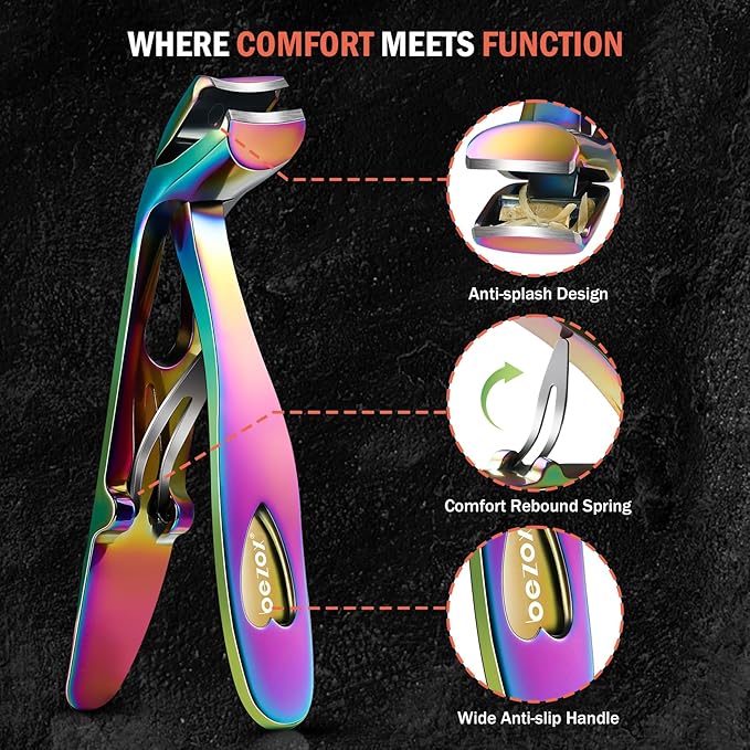 BEZOX Angled Head Toe Nail Clippers for Seniors - Ergonomic Toenail Clipper for Thick Nails for Elderly, Finger Nail Clippers with Catcher for Men and Women - Rainbow