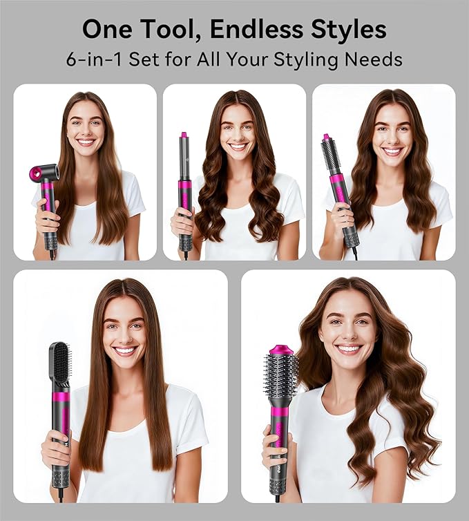 6 in 1 High-Speed Hair Dryer Brush, 110,000 RPM Powerful Hot Air Styler with Auto-Wrap Curlers, Straightener & Volumizing Tools, Fast Drying, Frizz-Free Styling with Travel Storage Bag