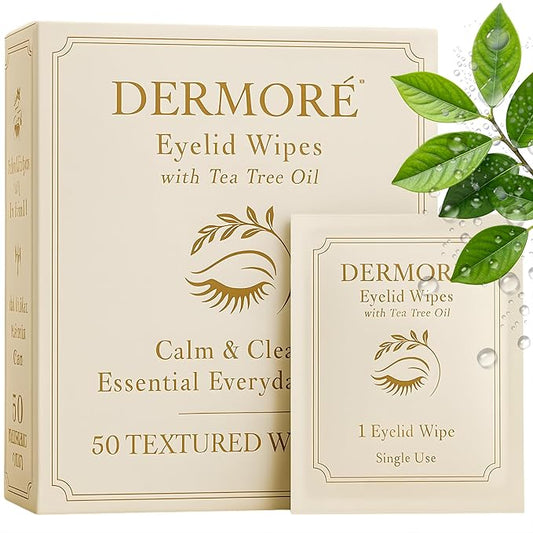 DERMORE Eyelid Cleansing Wipes | Tea Tree Eyelid Wipes | Premium Care for Dry & Itchy Skin | Individually Wrapped Refreshing & Daily Hygiene Wipe | Preservative-Free with Chamomile and Aloe - 50 Pcs